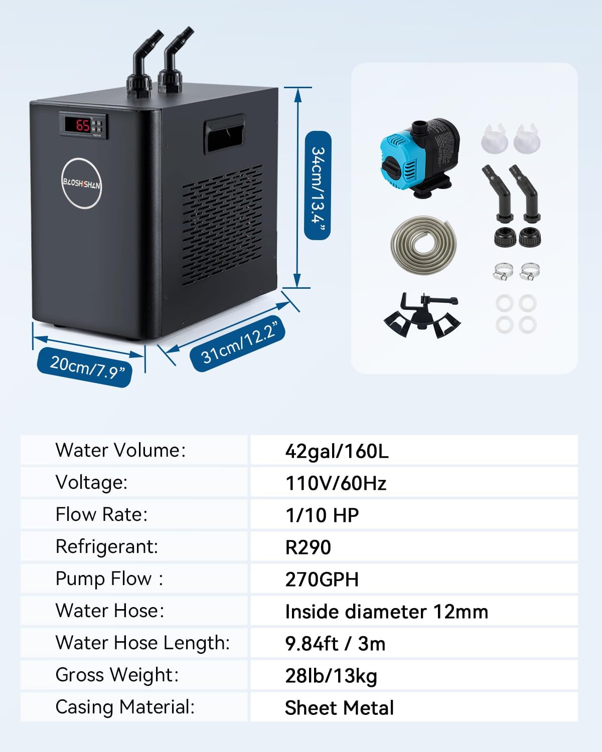 BAOSHISHAN 1/10 HP Aquarium Chiller – 42 Gallon, 110V