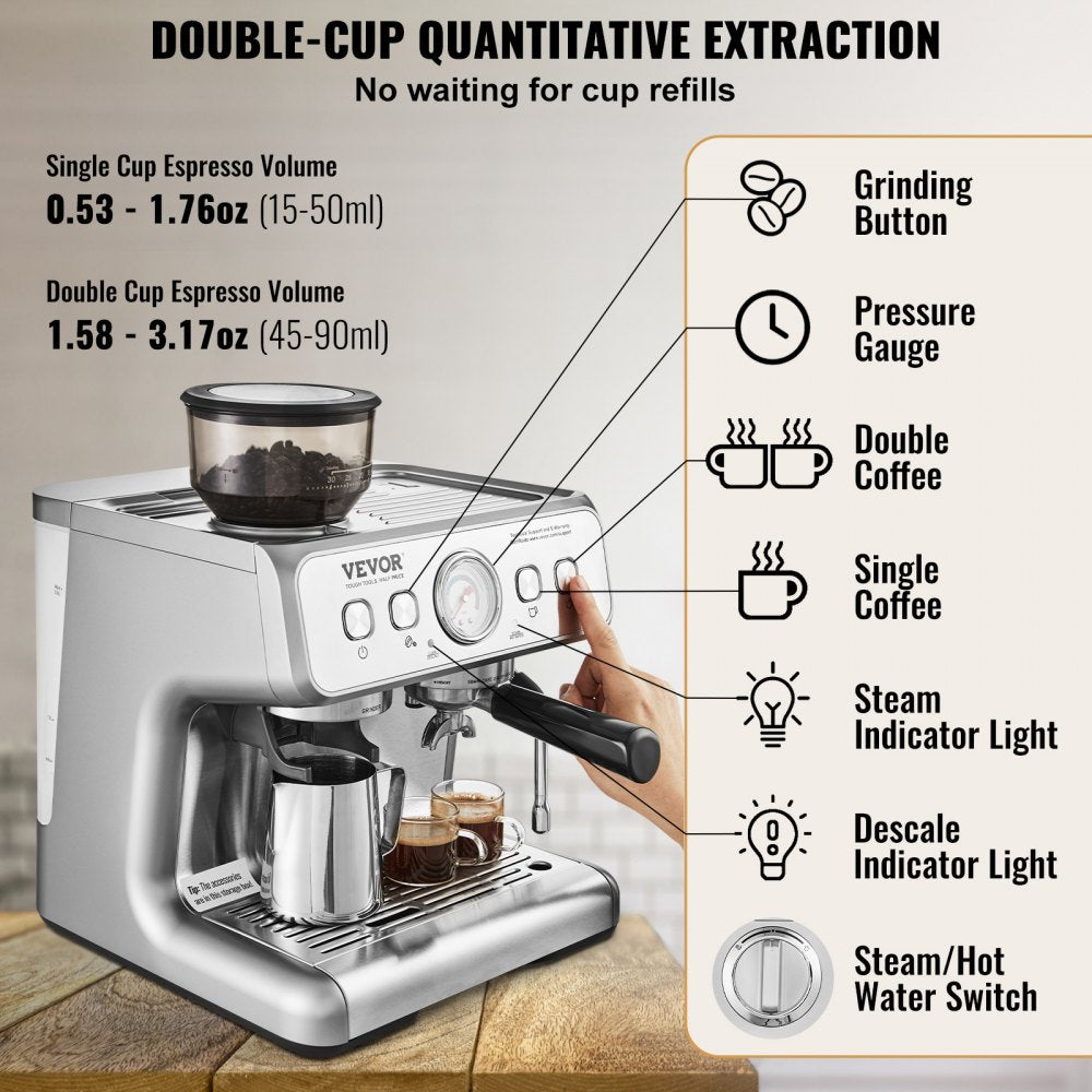 VEVOR Espresso Machine with Grinder and Milk Frother